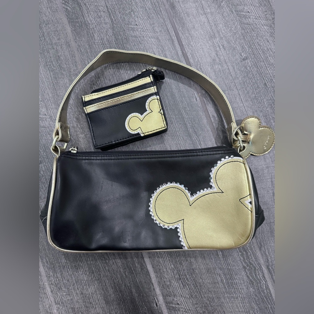 Disney Store Minnie Mouse Baguette Purse & Wallet Black & Gold WITH‎ RHINESTONES